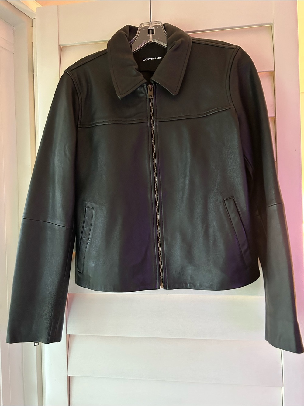 Lucky Brand Black Women's Leather Zip Jacket with Classic Collar